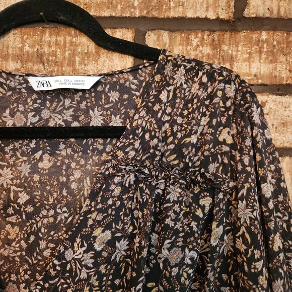 ZARA Brown Floral Sheer V-neck Long Sleeve Boho Mini Dress Size L - Picture 3 of 5